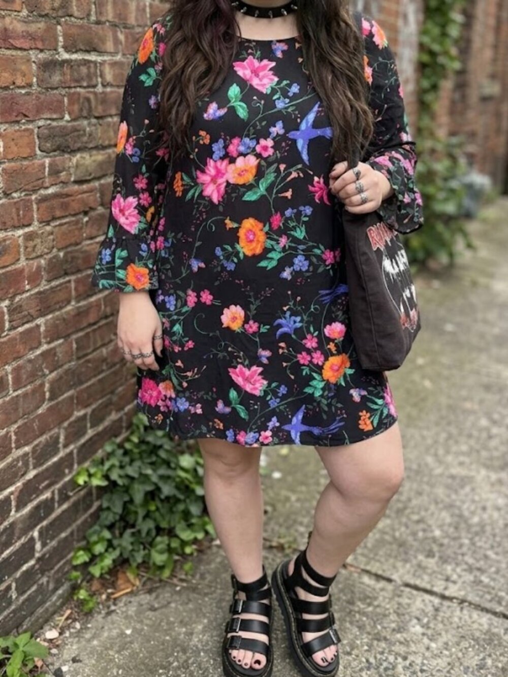 Old Navy Black Floral Shift Dress XXL Bell Sleeve Boho Plus Size Dark Floral Wov